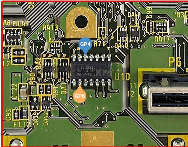DOL-101, face de baixo: pontos GP4 e GP6 no chip U10