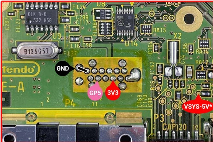 DOL-101, face de cima: pontos GND, GP5 e 3V3 no P4
